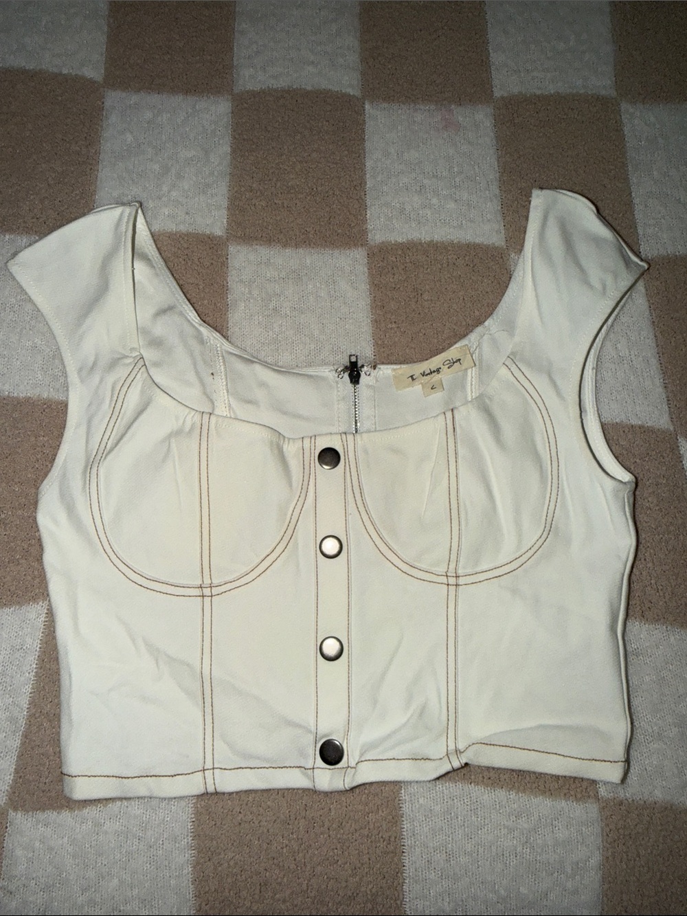 The Vintage Shop Cream Cropped Bustier Top with Contrast Stitching